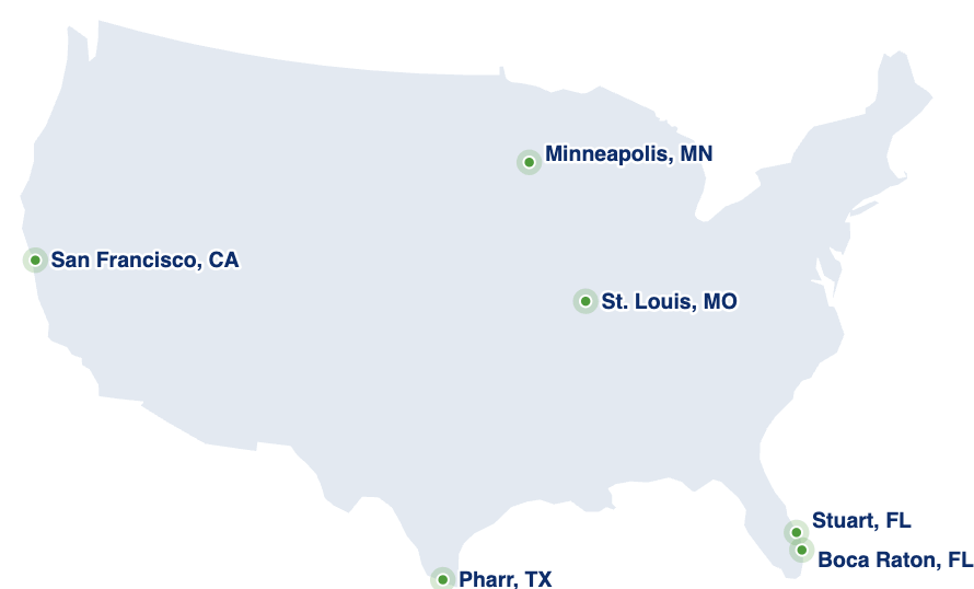 Map of the United States showing Flagship Global offices in San Francisco, St. Louis, Minneapolis, Pharr, Stuart and Boca Raton